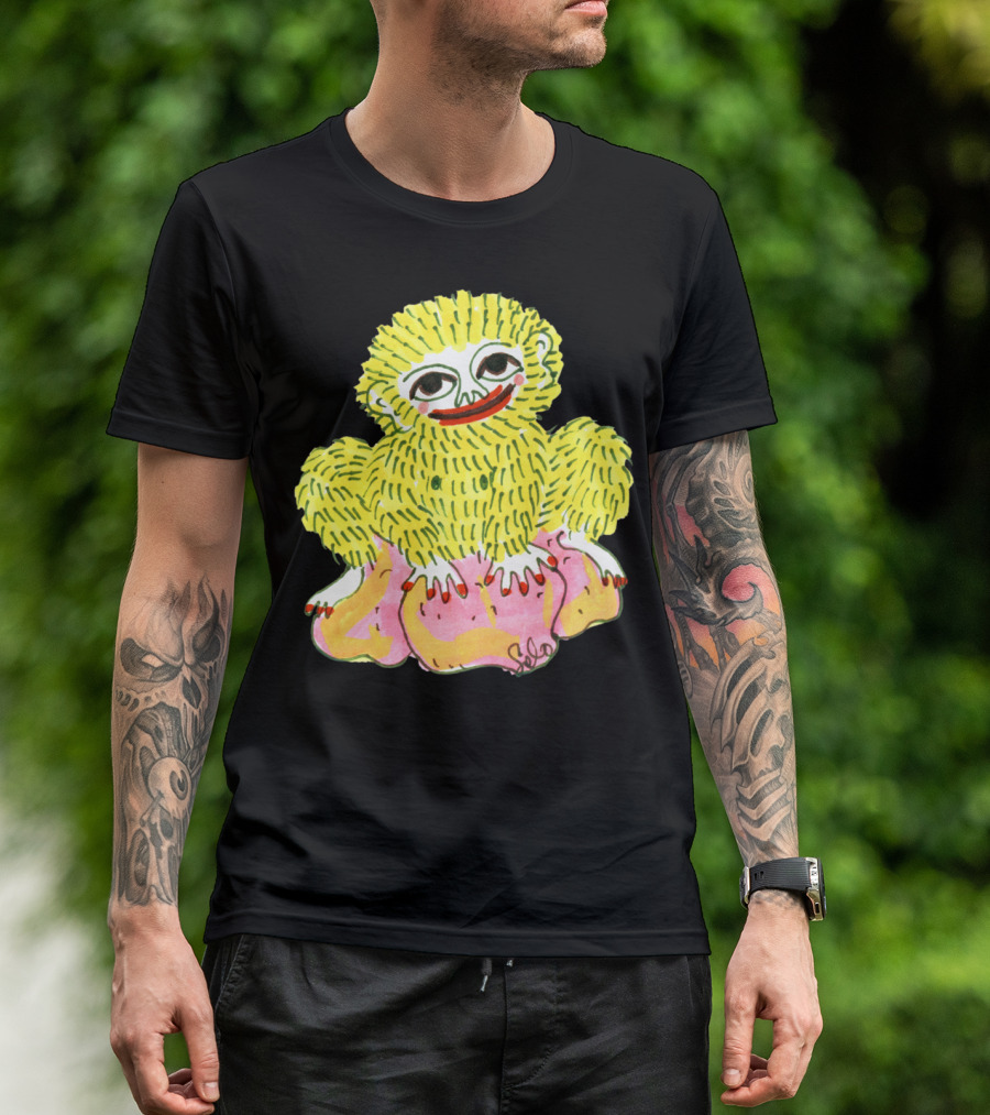 Golden Ape Man Cute Yellow Furry Creature Sitting On Pink Blob T-Shirt