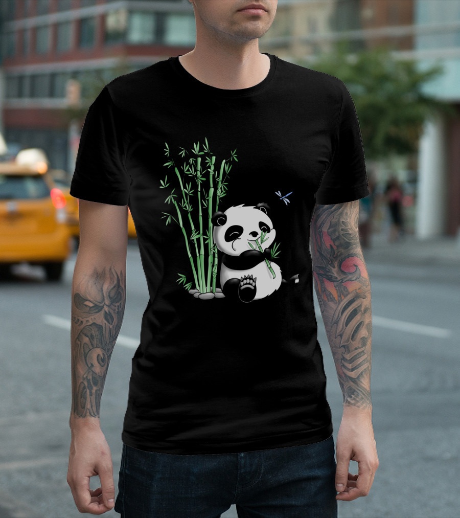 Panda Munching on Bamboo with Blue Butterfly Nearby T-Shirt