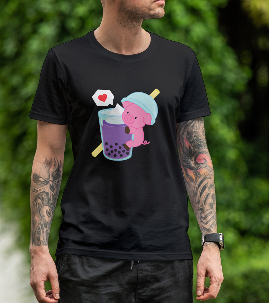 Pig Hugging Purple Bubble Tea With Heart Bubble T-Shirt