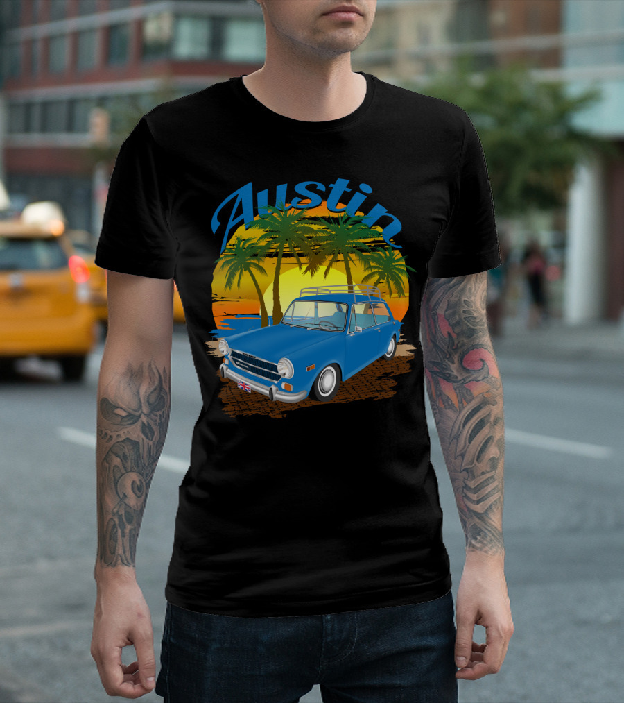 Austin Scenic Sunset Classic Blue Car with Palm Trees and UK Flag T-Shirt