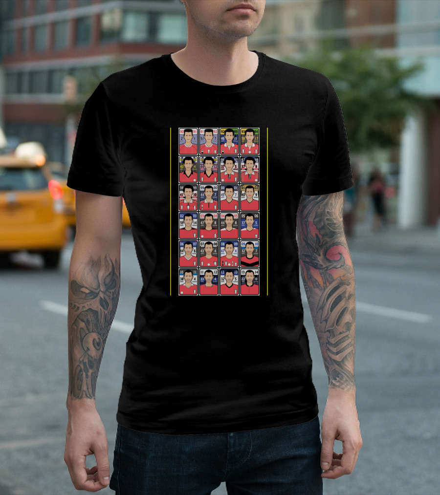 Football Card Collection with Sequential Player Numbers in Red Jerseys T-Shirt
