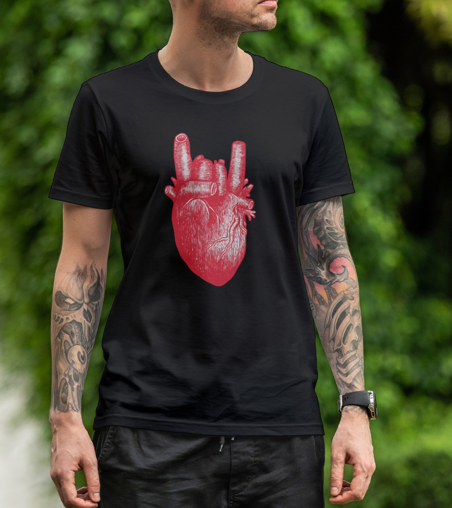 Rock On Heartbeat Symbol - Anatomical Heart With Rock Hand Gesture T-Shirt