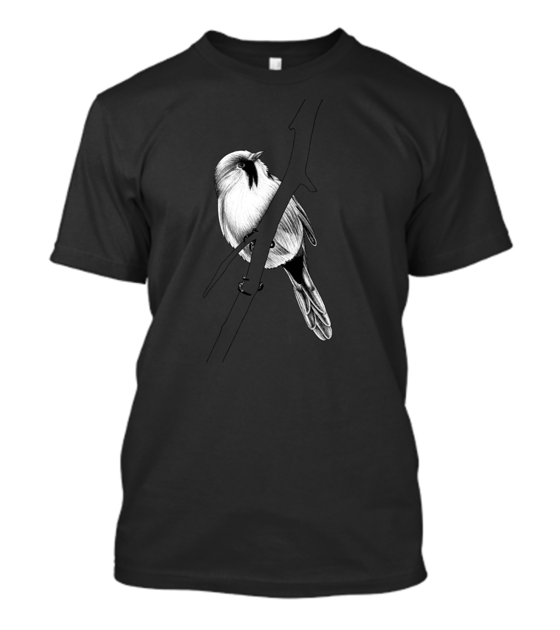 Bearded Reedling Ink Drawing On Branch - Monochrome Bird T-Shirt