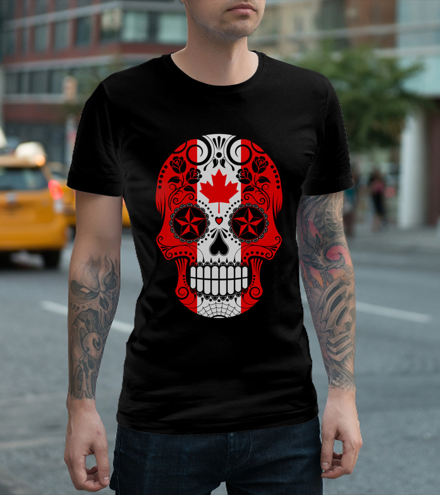 Canada Flag Sugar Skull With Roses And Maple Leaf T-Shirt