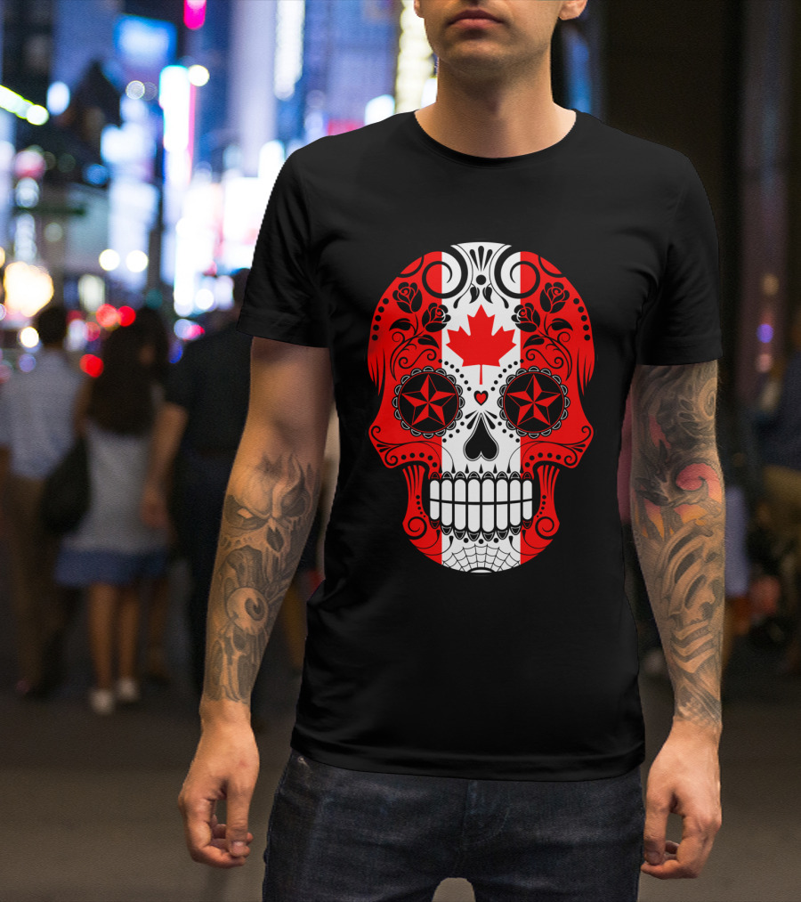Canada Flag Sugar Skull With Roses And Maple Leaf T-Shirt