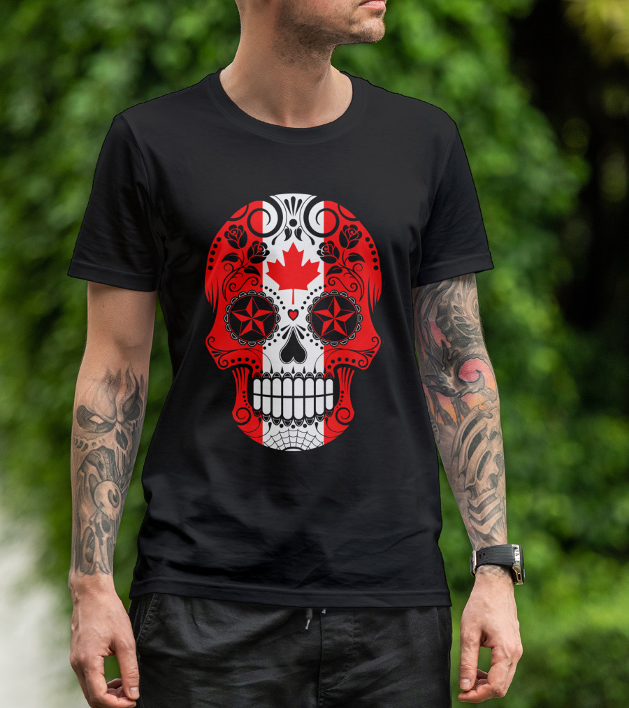 Canada Flag Sugar Skull With Roses And Maple Leaf T-Shirt