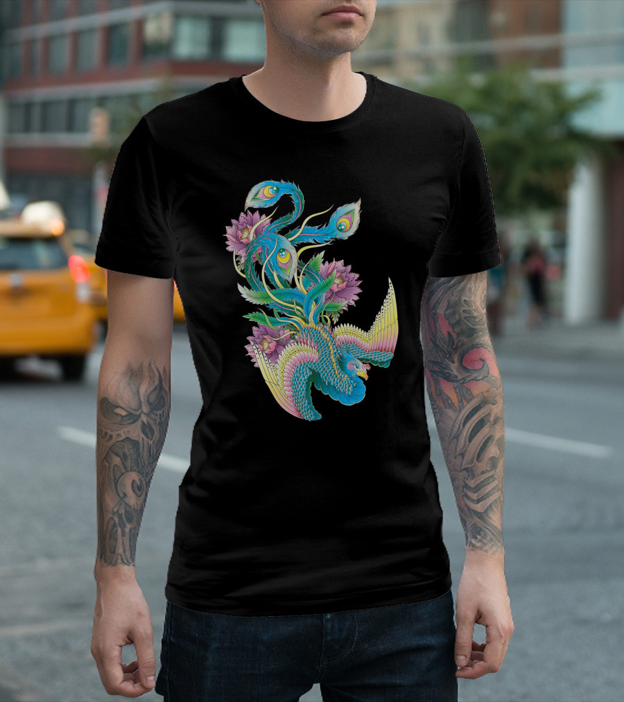 Majestic Elegant Bird with Vibrant Peacock Feathers and Blossoms T-Shirt