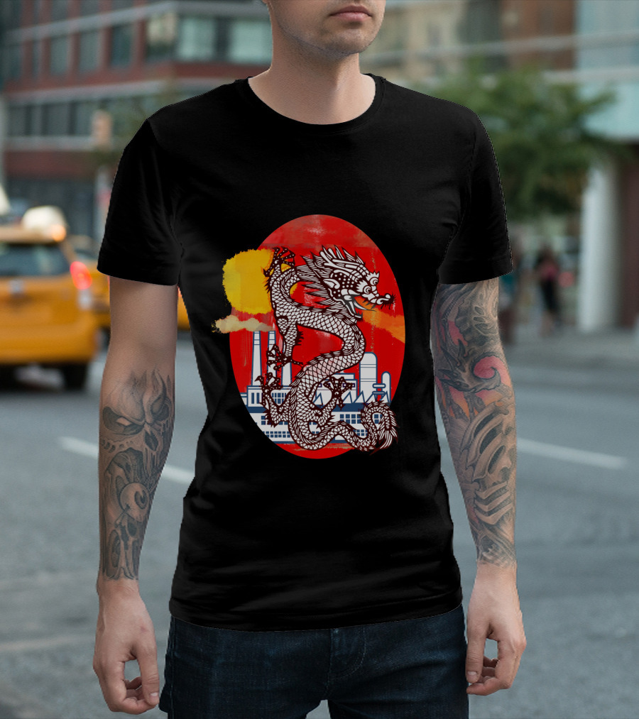 Dragon Over China Factory Skyline with Red and Yellow Background T-Shirt