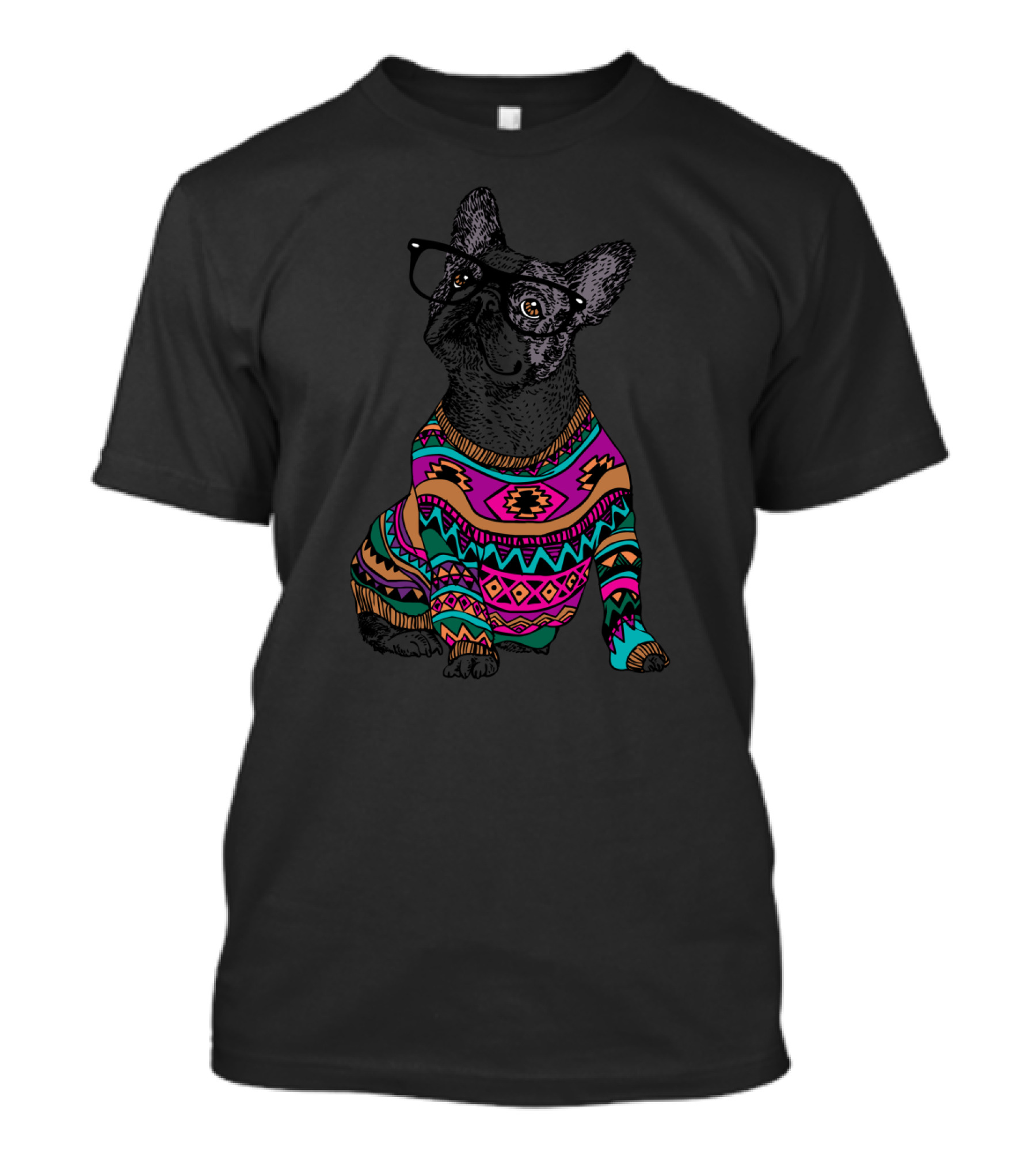 Hipster Frenchie Dog In Colorful Geometric Sweater And Glasses T-Shirt