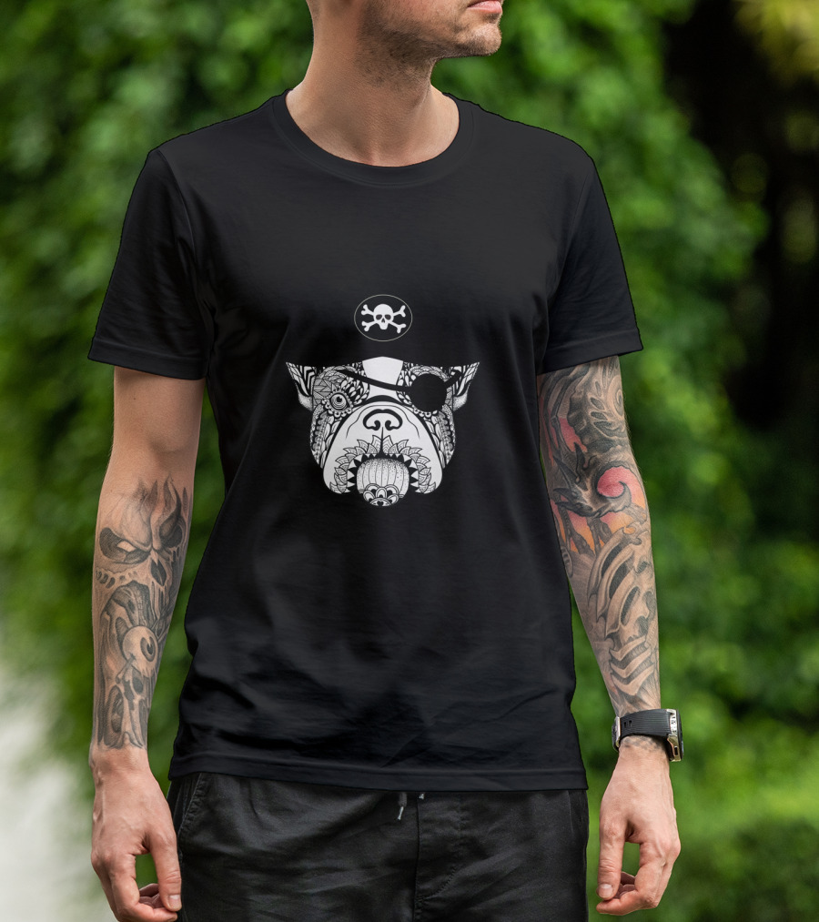 Zentangle French Bulldog Pirate With Skull And Crossbones Eyepatch T-Shirt