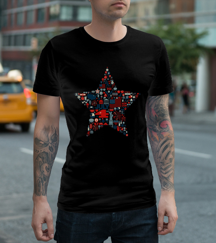 4th of July Star Featuring USA Symbols Fireworks and Flag T-Shirt