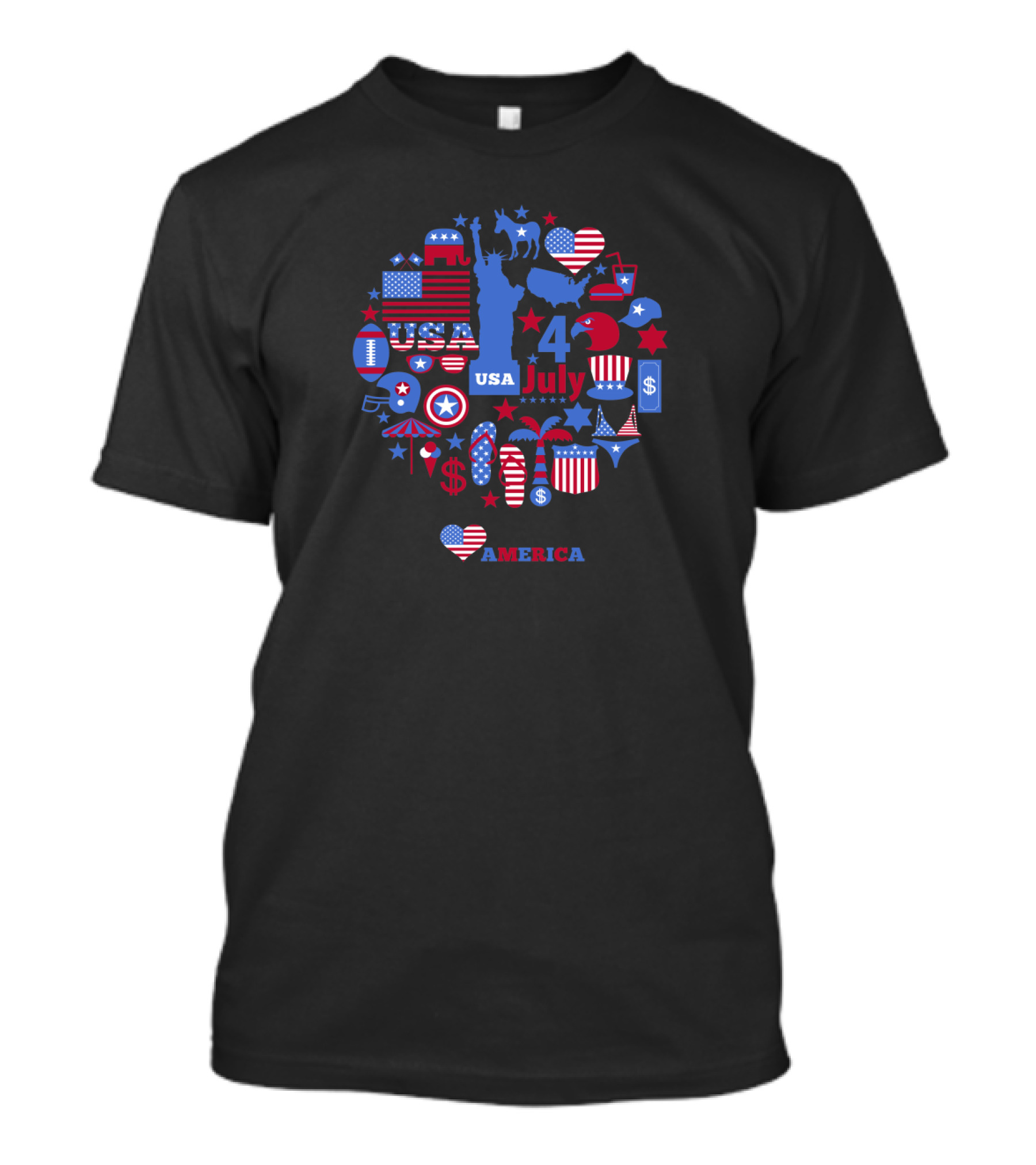 4th Of July USA America Patriotic Symbols Heart And Liberty Statue T-Shirt