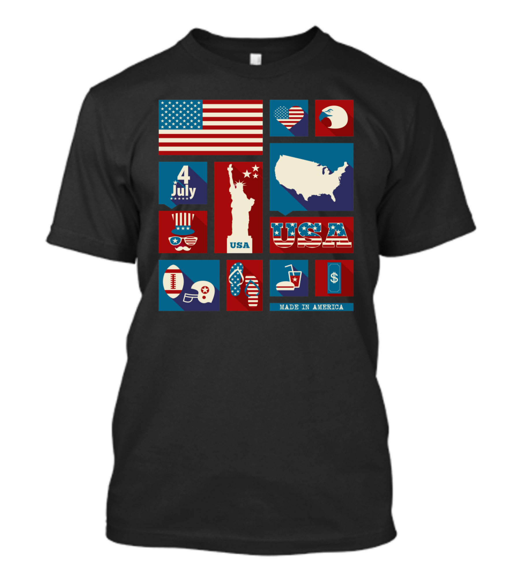 USA 4th Of July Made In America Liberty Statue Flag Map Eagle Football Dollar Icons T-Shirt