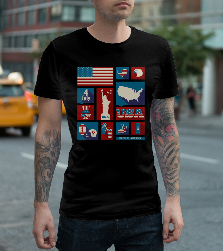 USA 4th Of July Made In America Liberty Statue Flag Map Eagle Football Dollar Icons T-Shirt