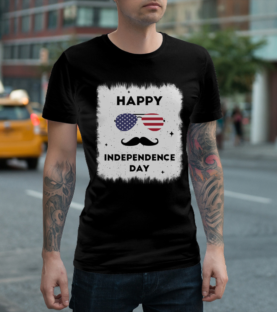 Happy Independence Day USA Flag Sunglasses Moustache T-Shirt