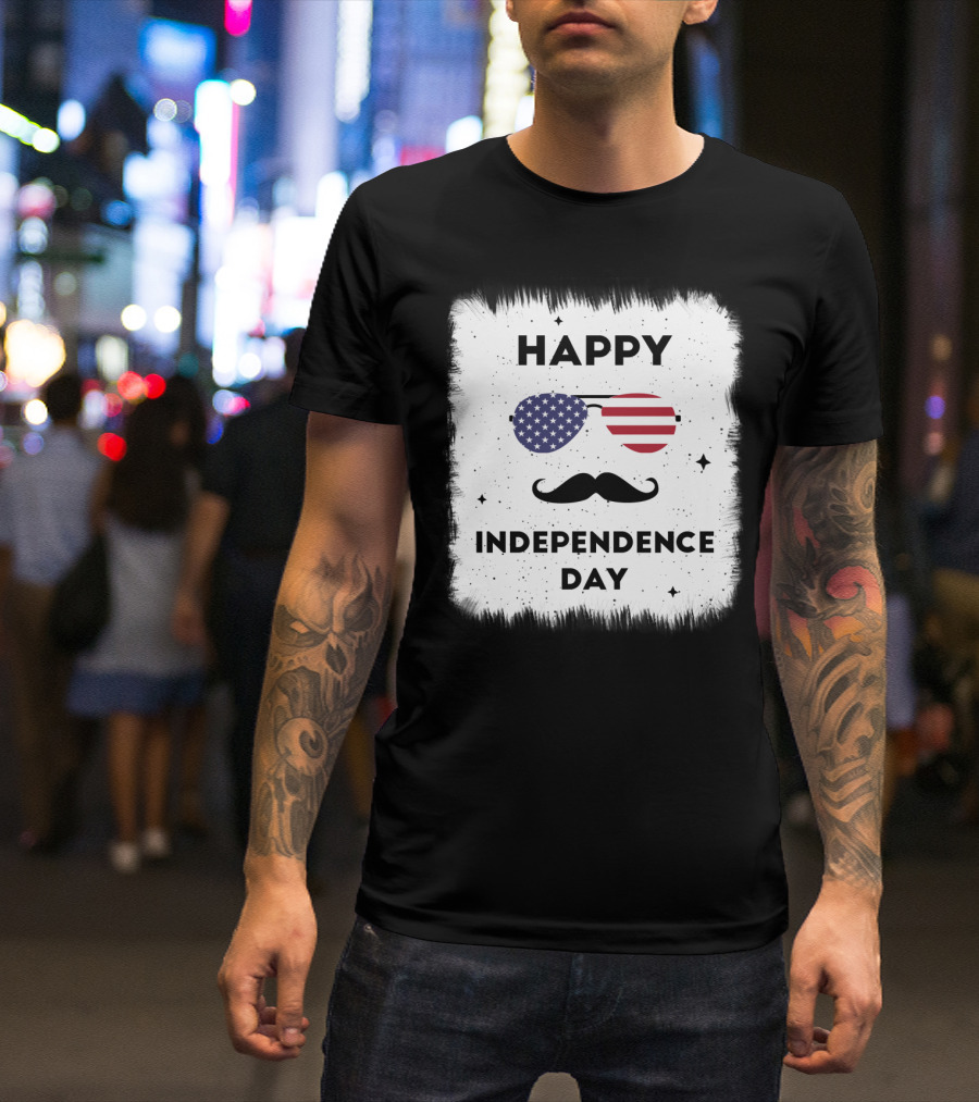 Happy Independence Day USA Flag Sunglasses Moustache T-Shirt