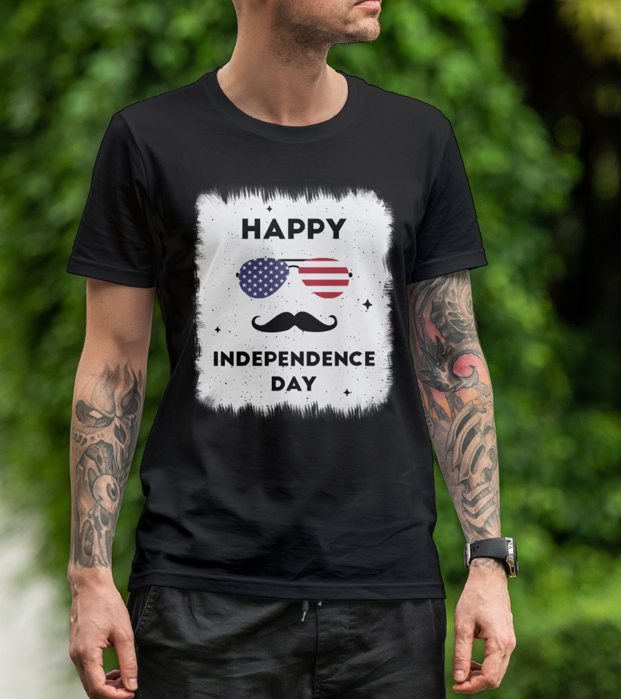 Happy Independence Day USA Flag Sunglasses Moustache T-Shirt