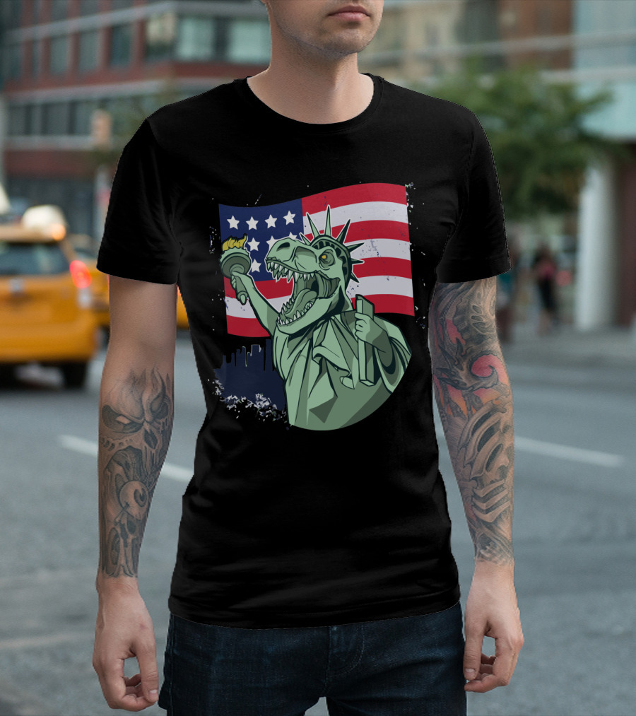 4th Of July USA Flag Dinosaur Liberty Torch T-Shirt