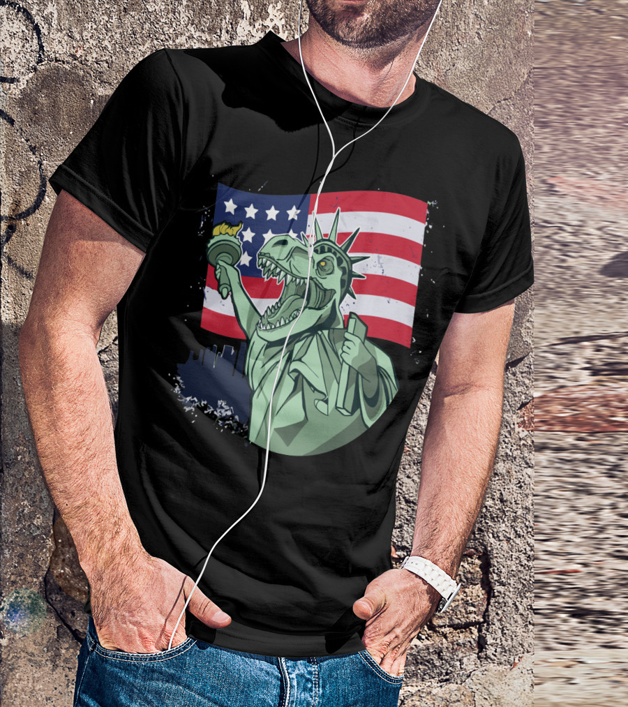 4th Of July USA Flag Dinosaur Liberty Torch T-Shirt