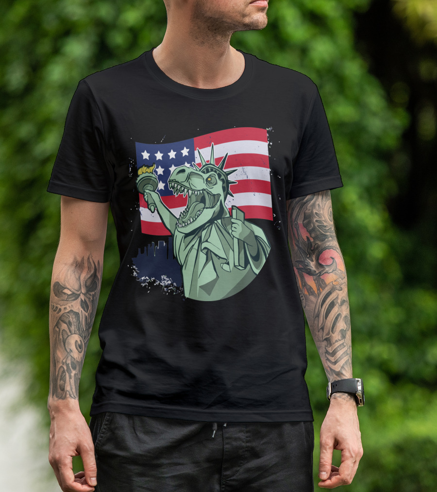 4th Of July USA Flag Dinosaur Liberty Torch T-Shirt