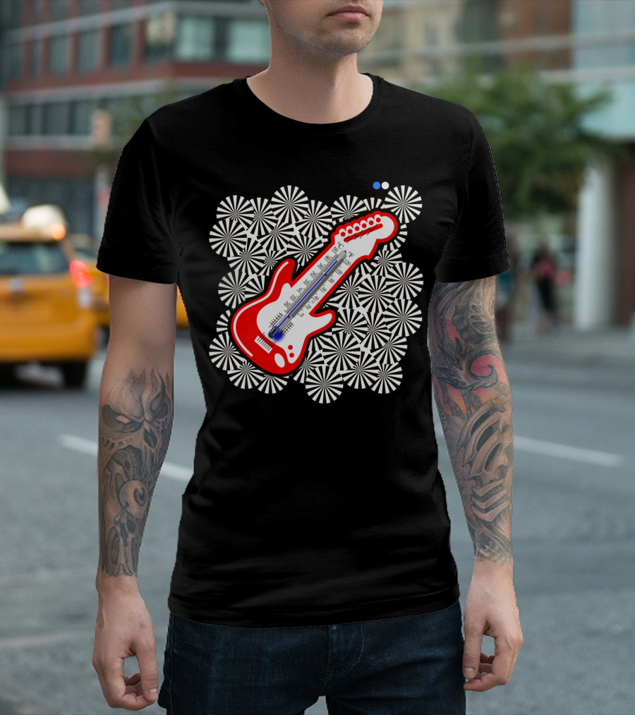 HOTHOTGUITAR Temperature and Guitar Fusion Art with Black and White Geometric Background T-Shirt