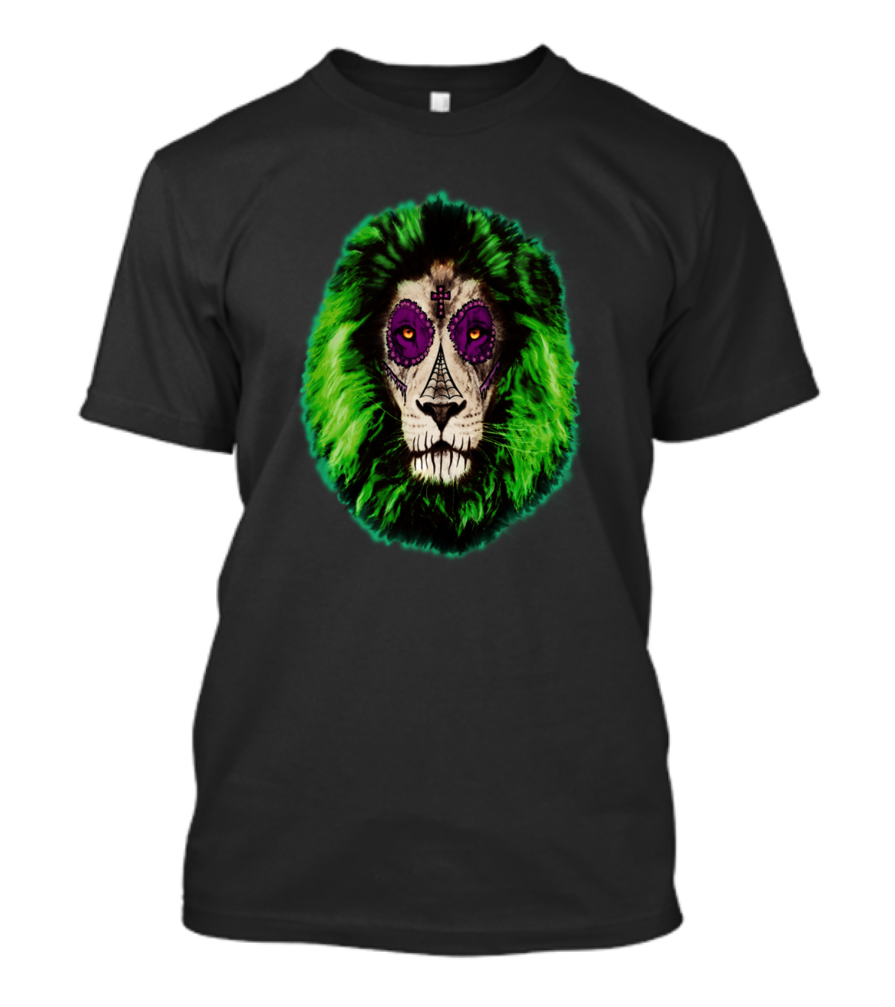 Santa Muerte Lion With Green Mane And Sugar Skull Face T-Shirt