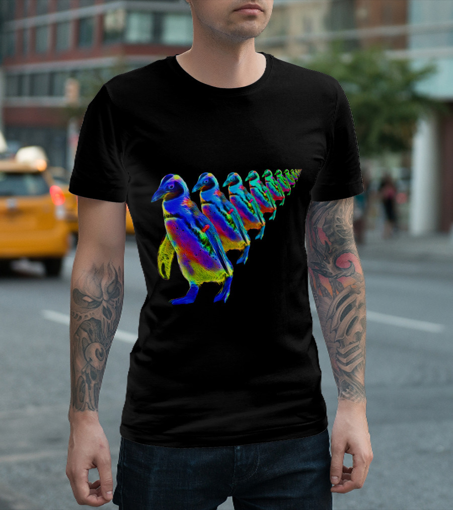 Psychedelic March Of The Penguins Neon Parade T-Shirt
