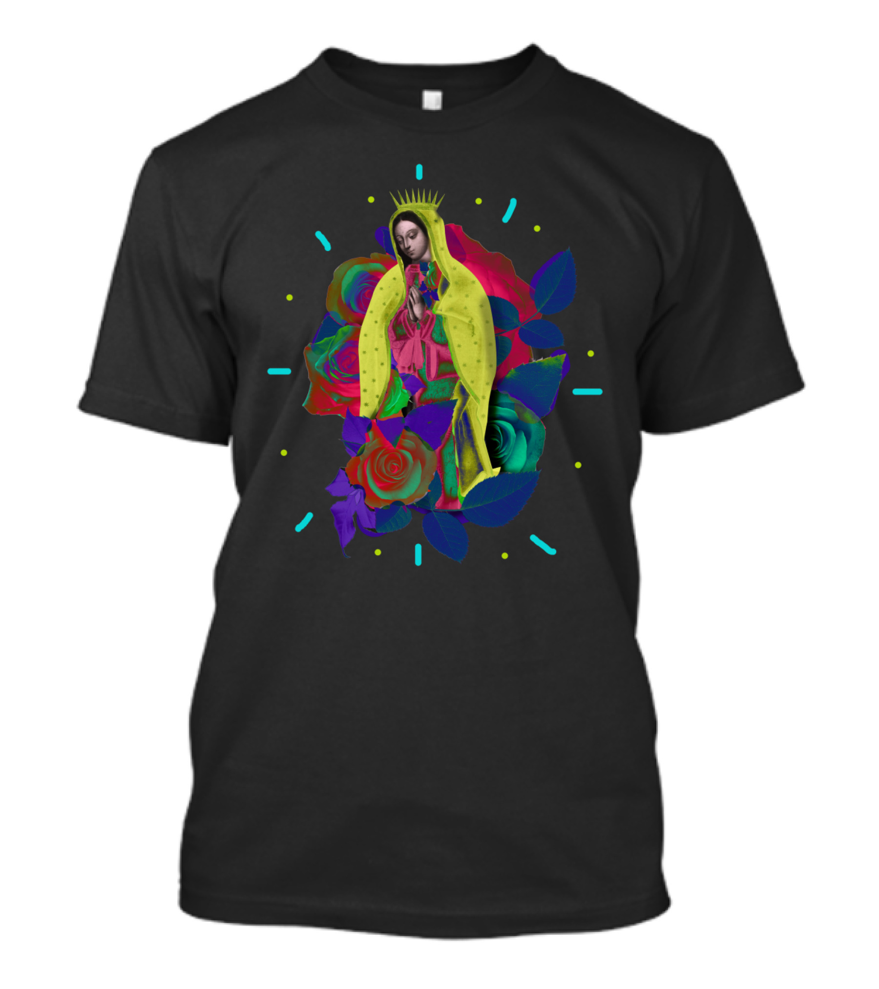 Virgen Guadalupe Surrounded By Colorful Roses And Leaves T-Shirt