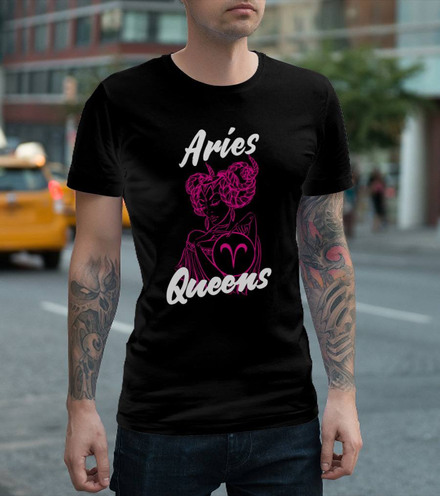 Aries Queens Zodiac Symbol with Regal Illustration Pink and White T-Shirt