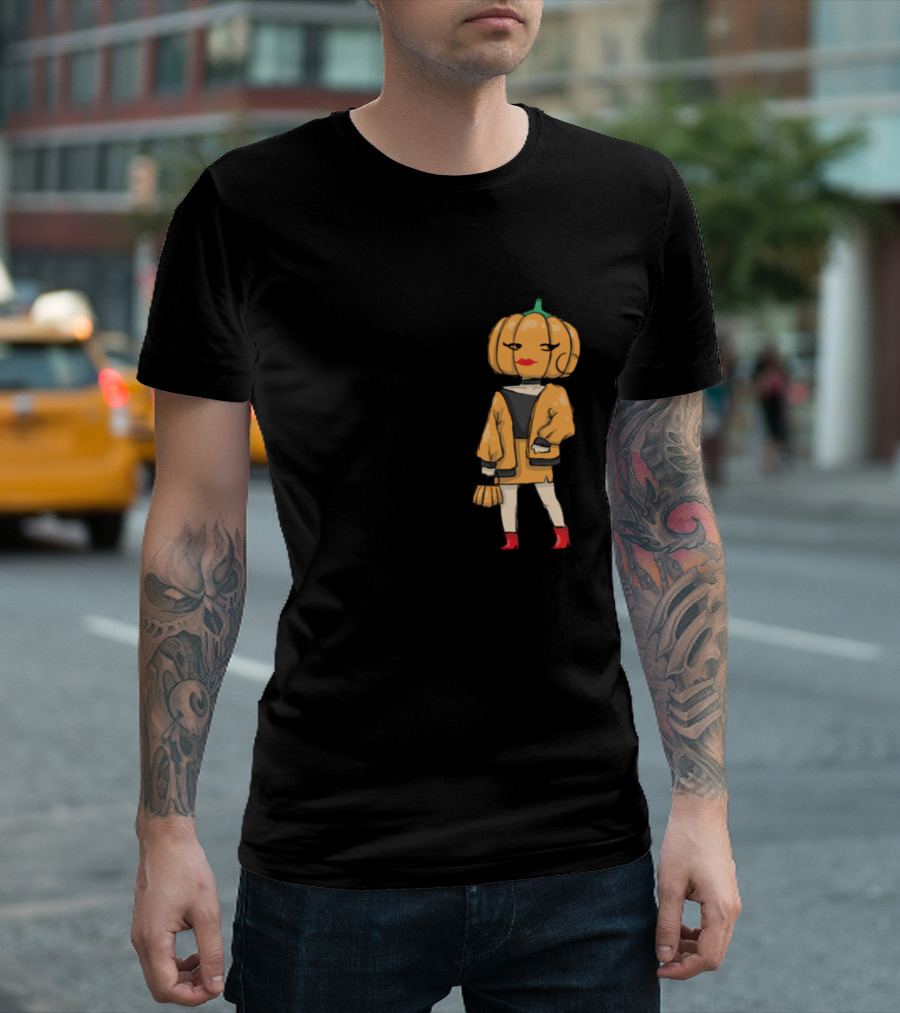 Trendy Pumpkin Head Character in Stylish Outfit with Red Boots and Handbag T-Shirt