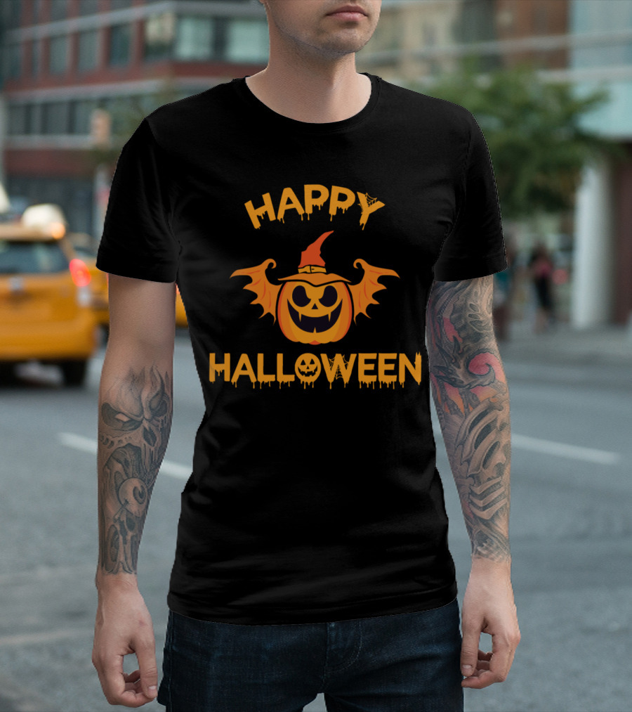 Happy Halloween Pumpkin with Hat and Bat Wings T-Shirt