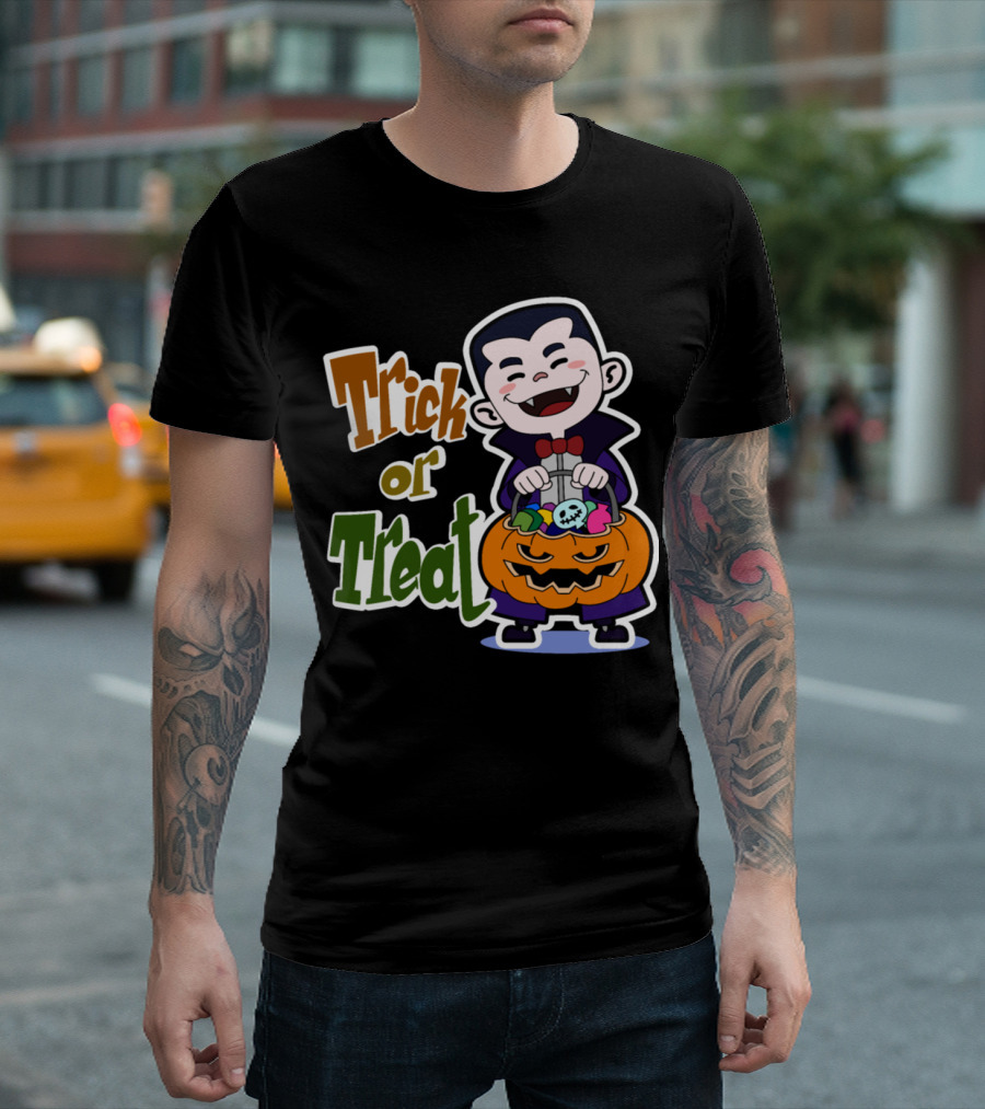 Trick Or Treat Kids Pumpkin Vampire With Halloween Candy T-Shirt