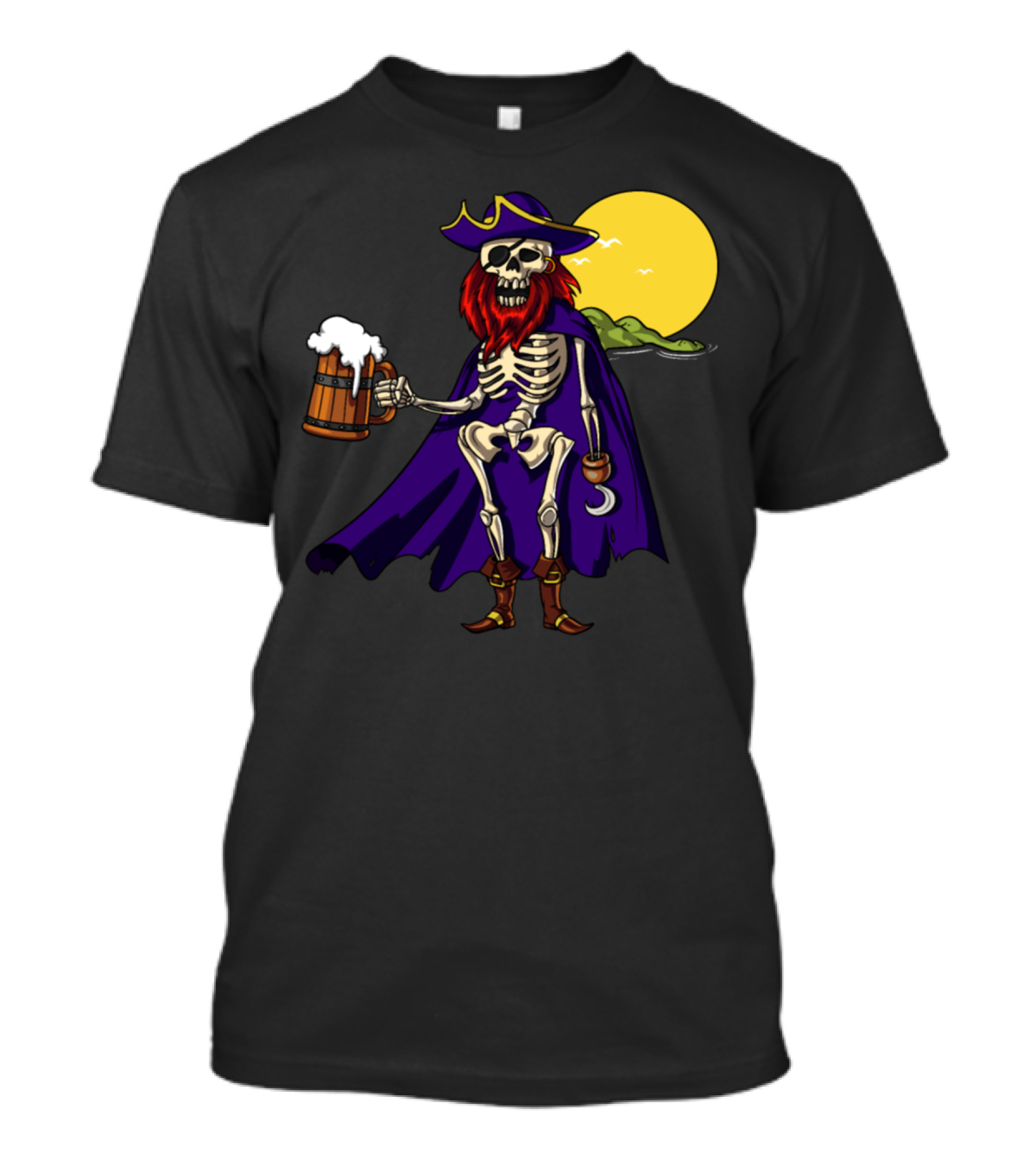 Skeleton Pirate Beer Drinking Halloween Moon Party T-Shirt