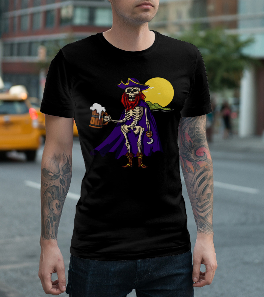 Skeleton Pirate Beer Drinking Halloween Moon Party T-Shirt