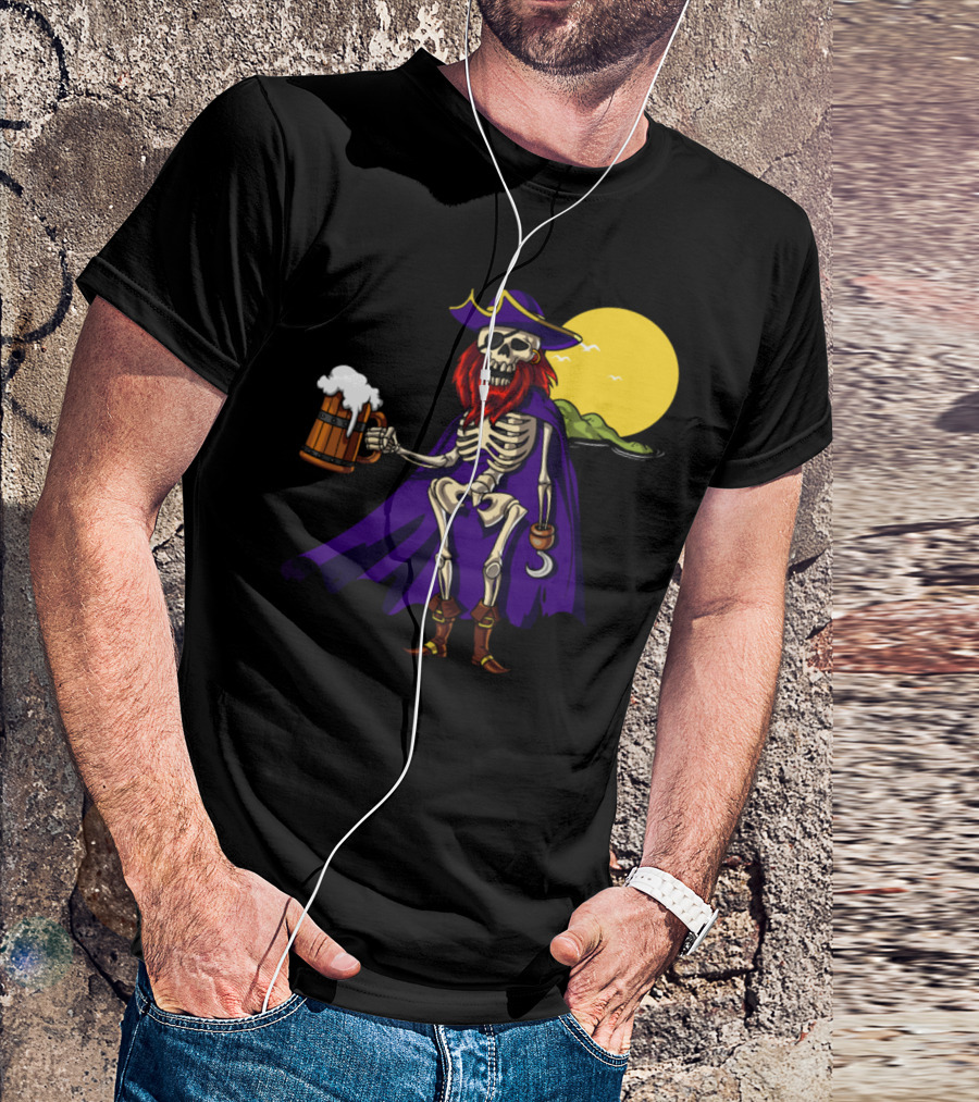 Skeleton Pirate Beer Drinking Halloween Moon Party T-Shirt