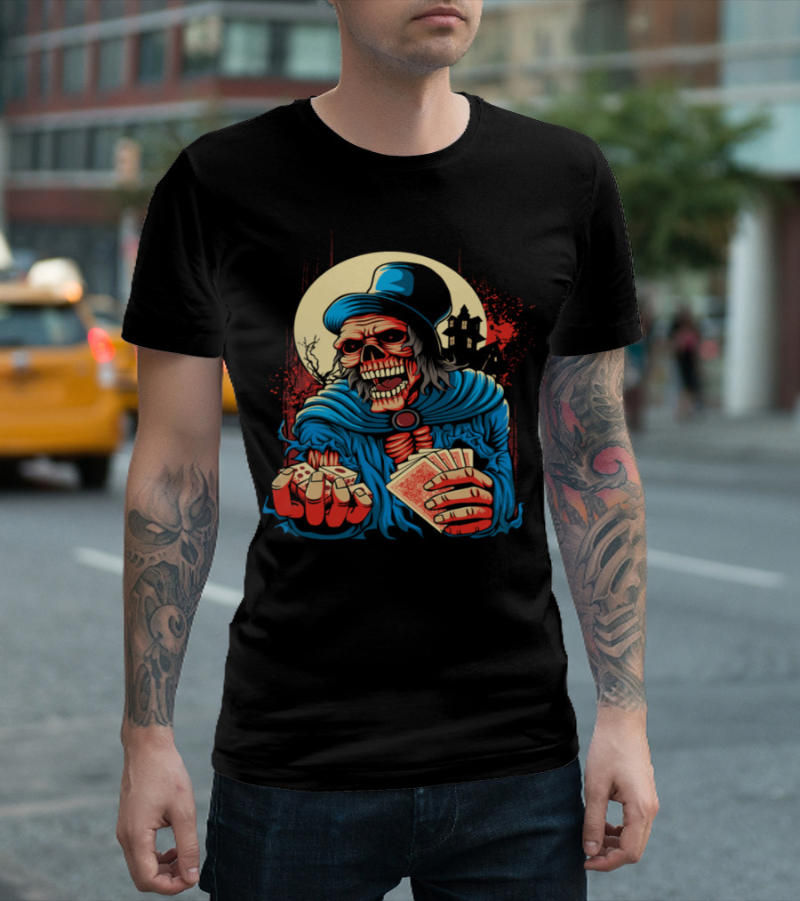Zombie Skeleton Gambling Cards Game with Dice and Haunted House Vector T-Shirt