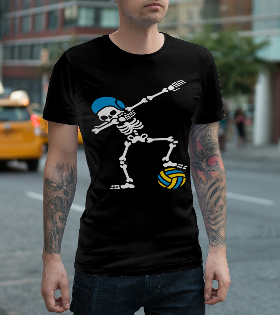 Dabbing Skeleton Water Polo Player with Blue Helmet and Ball T-Shirt