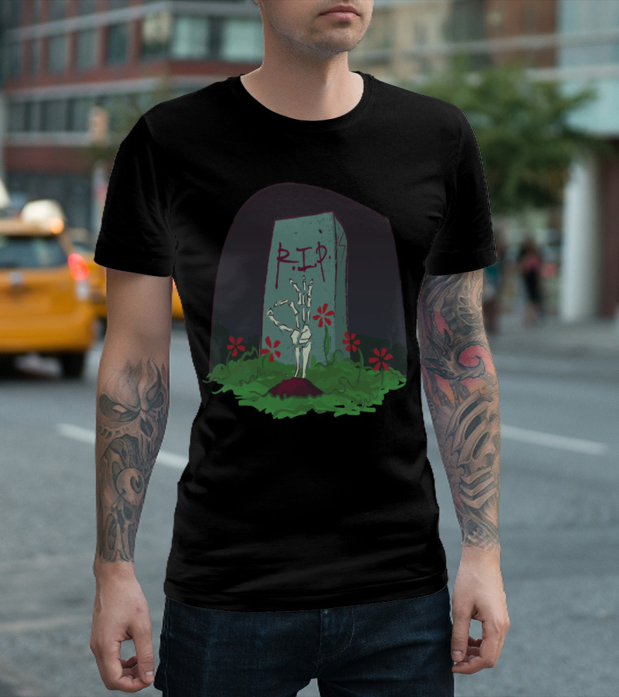 R.I.P. Skeleton Grave Bone Hand with Flowers T-Shirt