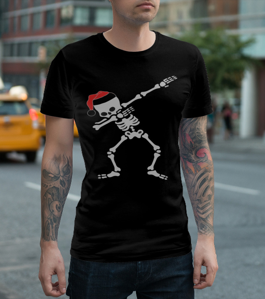 Christmas Funny Dabbing Skeleton Santa Hat T-Shirt