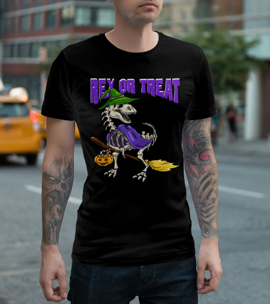 Rex Or Treat Halloween Skeleton Dinosaur Witch T-Shirt