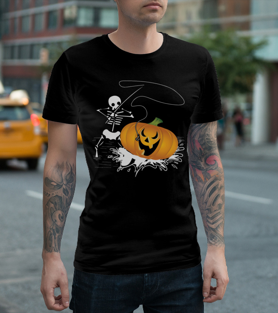 Skeleton Fishing for Jack-O'-Lantern Pumpkin T-Shirt