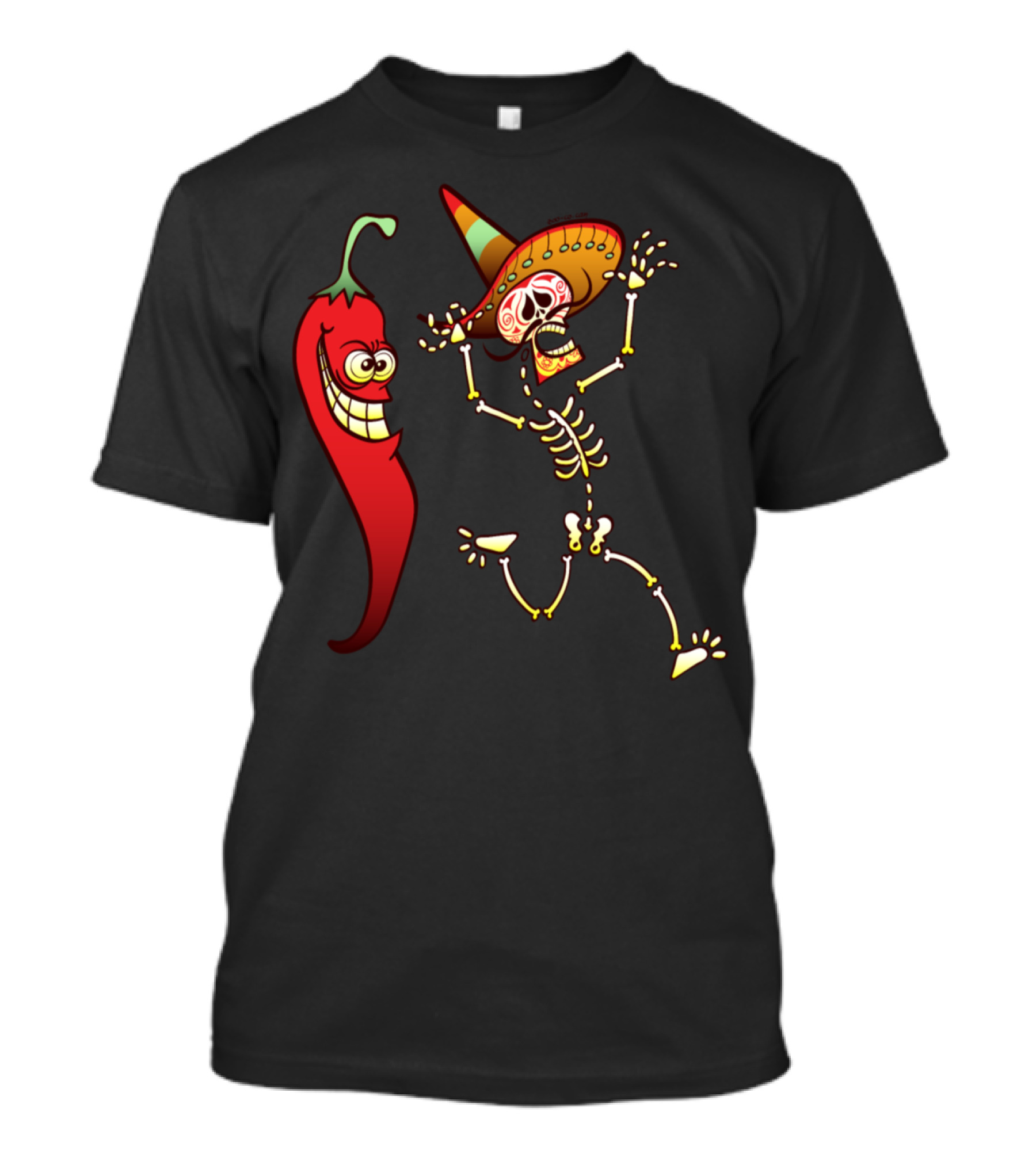 Hot Chili Pepper And Frightened Mexican Skeleton With Sombrero T-Shirt