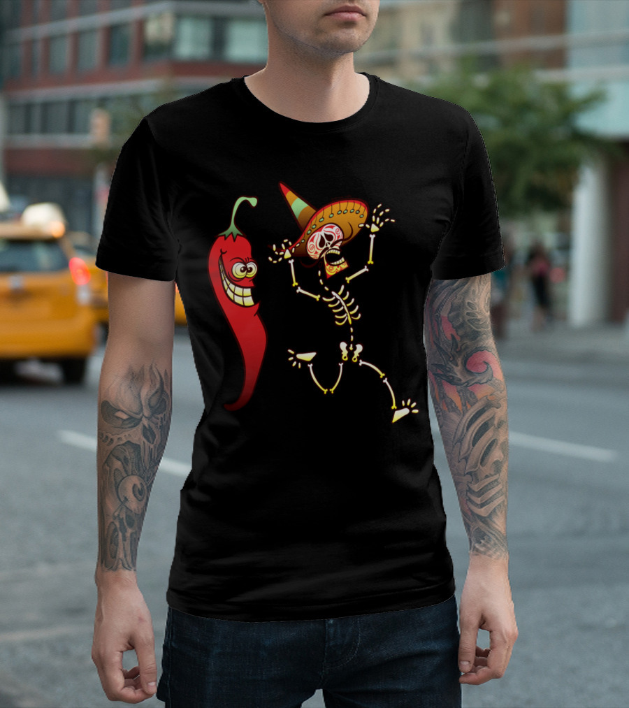 Hot Chili Pepper And Frightened Mexican Skeleton With Sombrero T-Shirt
