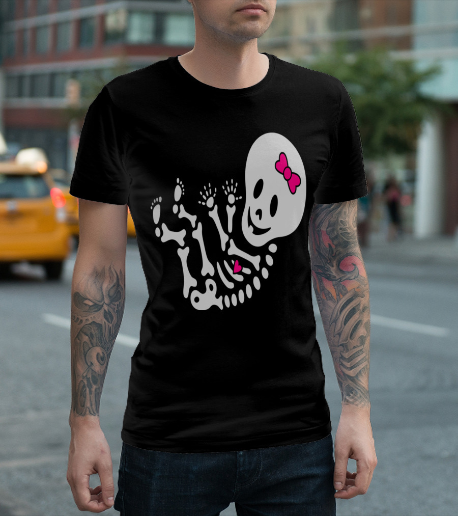 Maternity Girl Skeleton Baby with Pink Bow and Heart T-Shirt