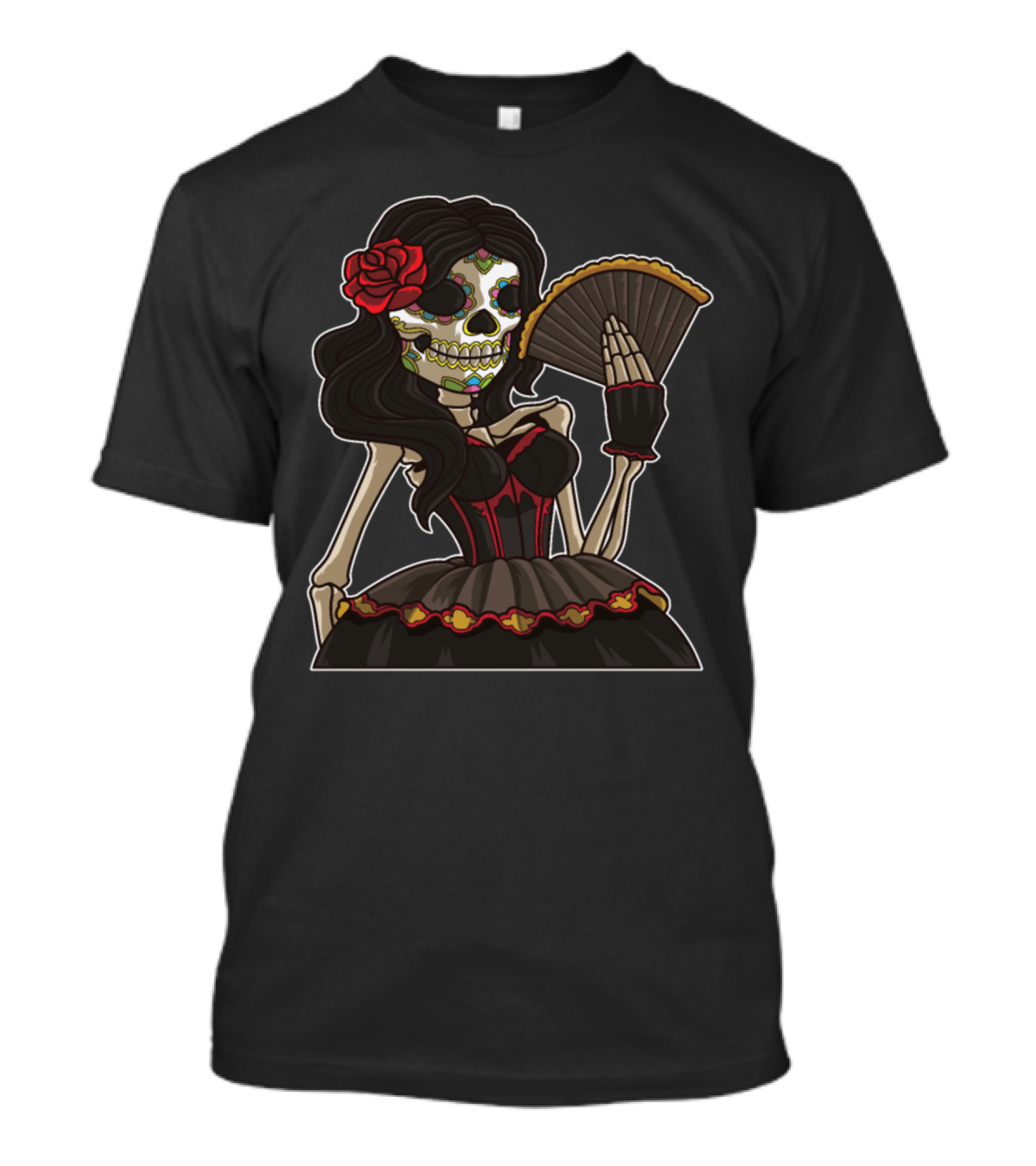 La Calavera Catrina Skeleton Lady Of The Dead With Red Rose And Fan T-Shirt