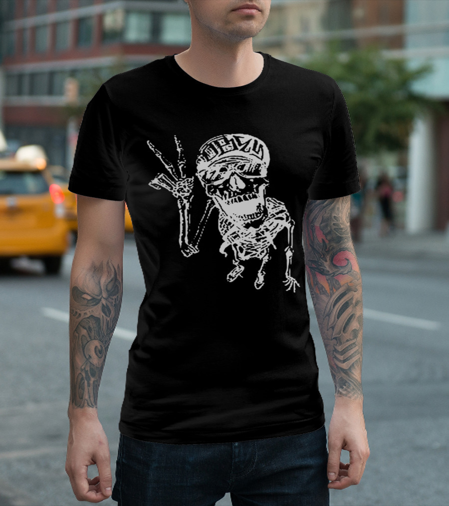 Skeleton Peace Hand Gesture With Skull In Sunglasses And Cap T-Shirt
