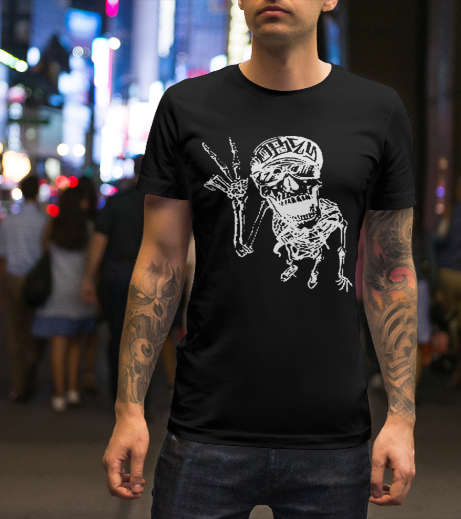 Skeleton Peace Hand Gesture With Skull In Sunglasses And Cap T-Shirt