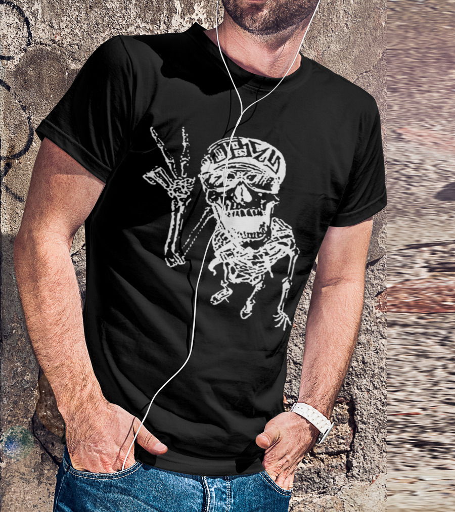 Skeleton Peace Hand Gesture With Skull In Sunglasses And Cap T-Shirt