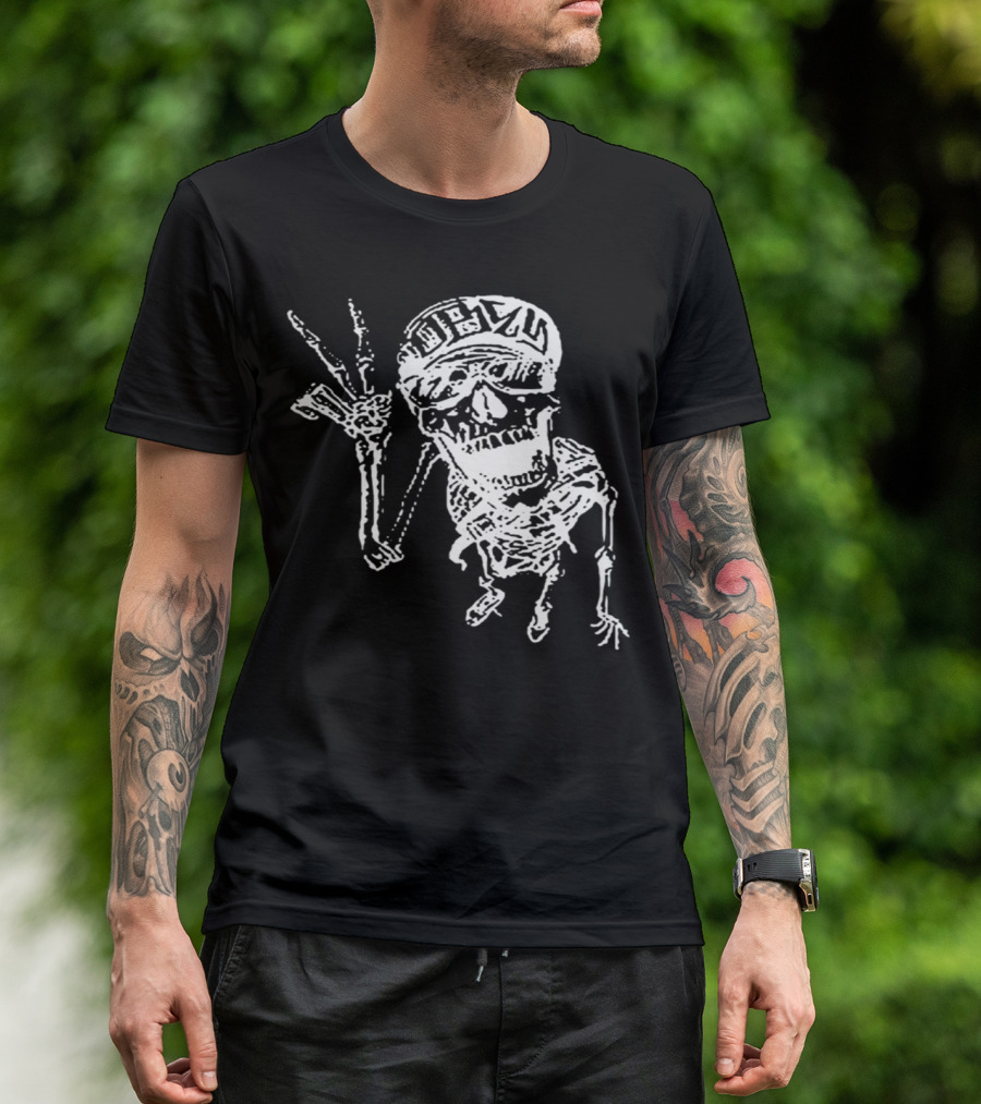 Skeleton Peace Hand Gesture With Skull In Sunglasses And Cap T-Shirt