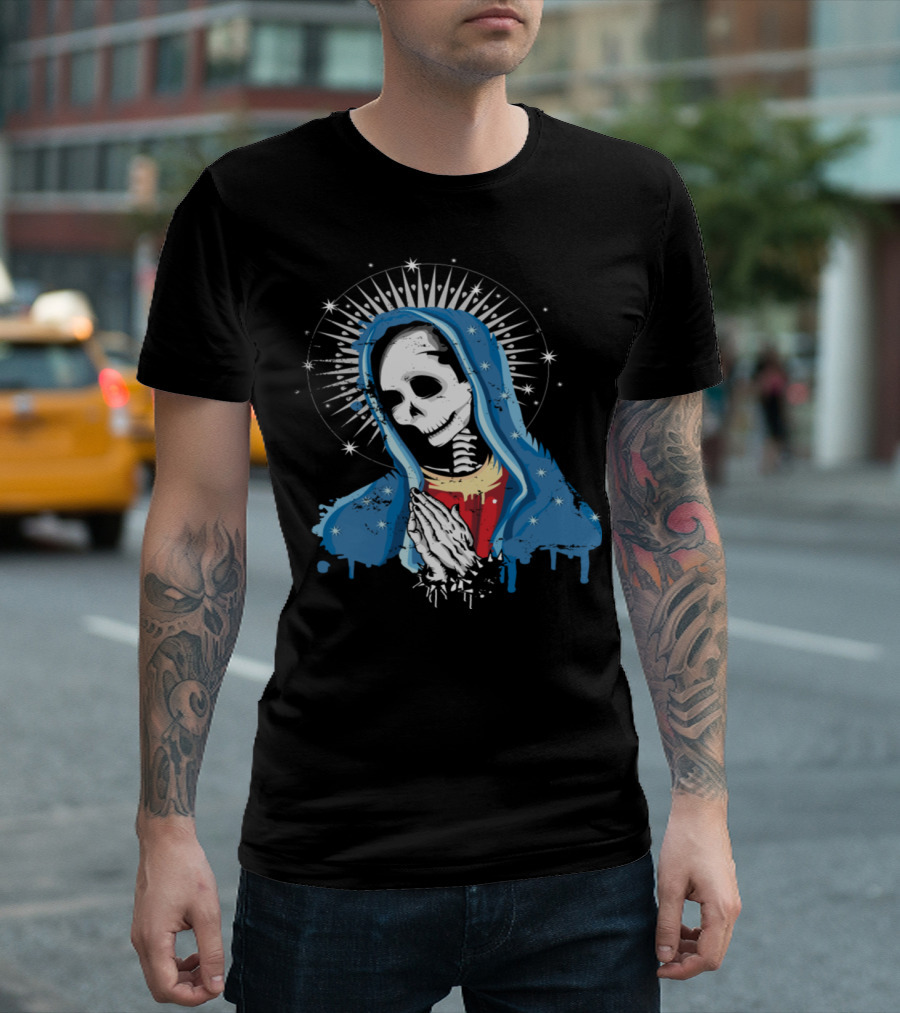 Virgin Mary Skeleton Prays With Radiant Halo T-Shirt